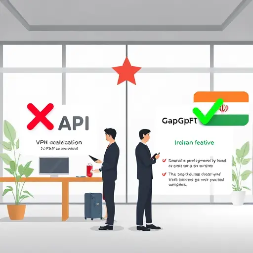 modern infographic chart comparing two API services, red cross for OpenAI API with VPN/sanctions illustration, green tick for GapGPT API with Iran localization, animated style, text-free, no people, clean look