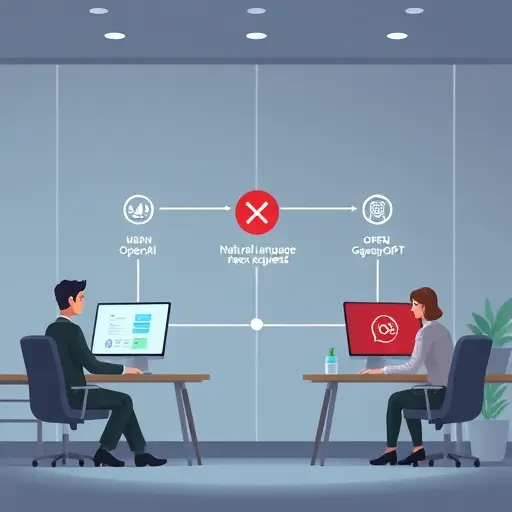 abstract data flow illustration showing an app sending natural language regex requests to two cloud APIs, with one blocked with a red warning sign (OpenAI), the other open and accessible (GapGPT)