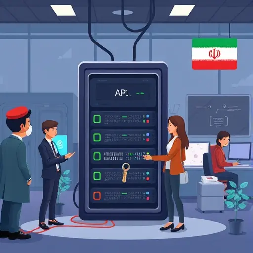 cartoon server and API key access illustration, showing a Farsi-