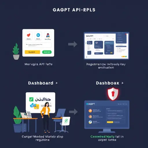 step-by-step gapgpt api key generation illustration, showing registration, dashboard navigation, and security shield, cartoon, clean dark UI, no text