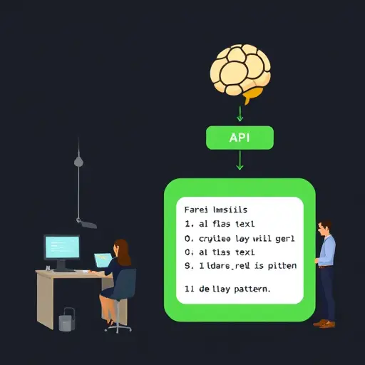 modern API architecture diagram, illustrating a Farsi text input on the left, flowing through an AI service (symbolic neural network brain icon), outputting a regex pattern on the right side, clean dark tech background, accent green color, text-free, cartoon style
