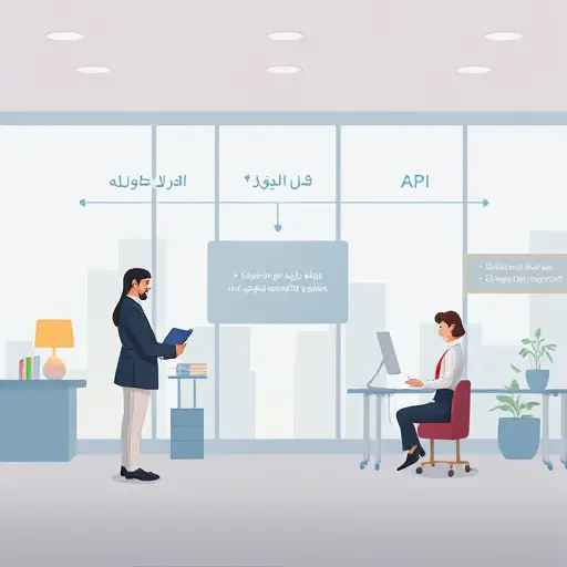 tech cartoon illustration of the lifecycle of an AI API request, showing steps of user code, network, authentication, rate limit, AI model logic, and error response;