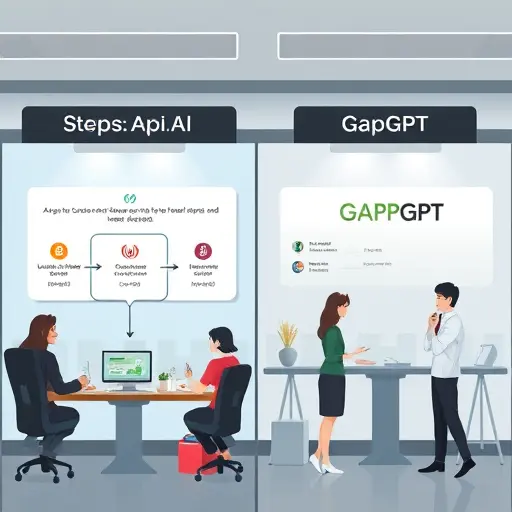modern flowchart of API key issuance steps side by side: left for OpenAI (with international symbols, payment card), right for GapGPT (), animated cartoon, technology theme, text-free