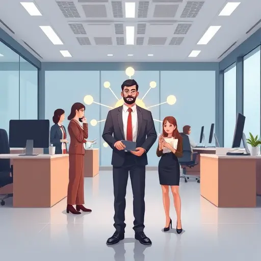 (symbolized as a glowing hub), outputting checked and generated code, cartoon/