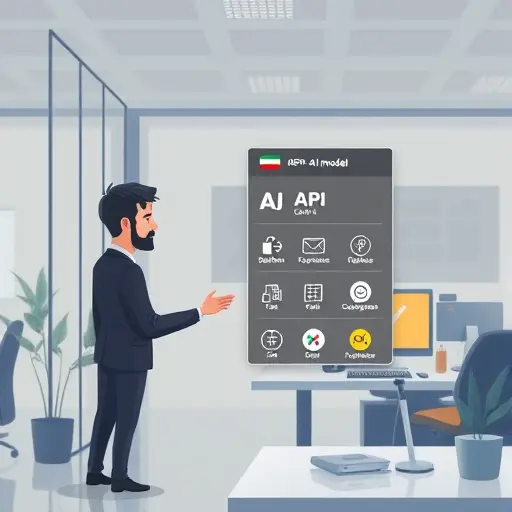 developer choosing AI model from animated API dropdown menu, icons of GPT-4