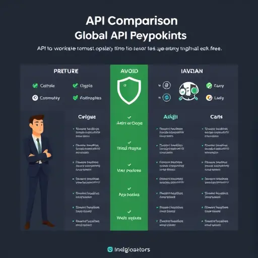 modern API comparison infographic, Iranian and global API providers, feature checklist with shield and server icons, accent green, dark background, text-free