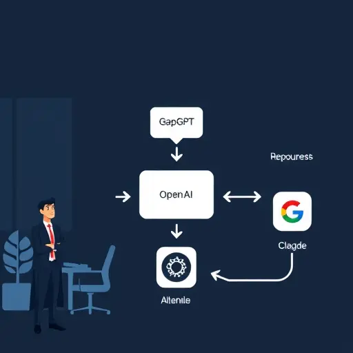 technology flowchart illustration, Bash script sending API requests to GapGPT platform, which routes requests to OpenAI (ChatGPT), Anthropic (Claude), and Google (Gemini) icons, dark mode palette, abstract arrows, no text