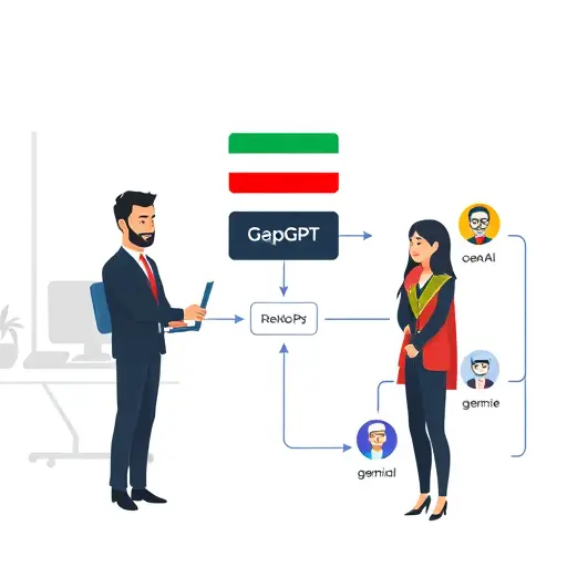 data pipeline diagram, Bash terminal sending API calls to GapGPT, with branching arrows to icons representing different AI models (OpenAI, Claude, Gemini)
