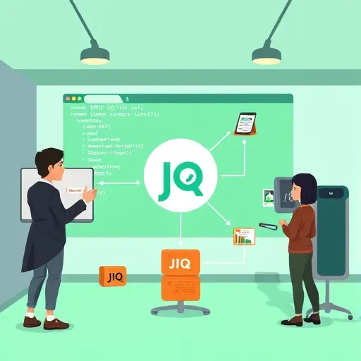 cartoon tech illustration showing Bash terminal, a jq logo, and JSON data blocks connected, green/