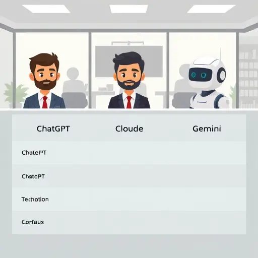animated comparison table of AI models (ChatGPT, Claude, Gemini), cartoon style, abstract tech icons for each, color-