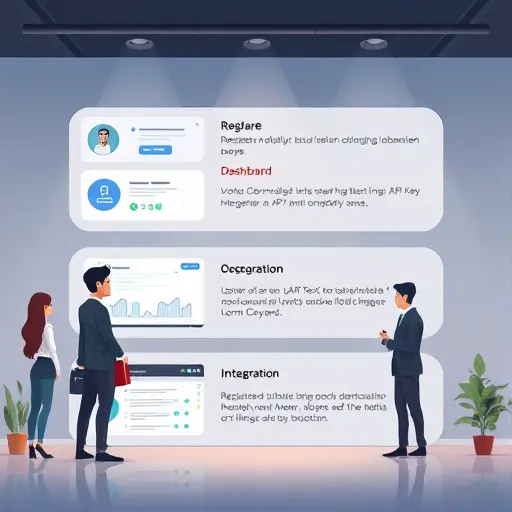 modern API onboarding steps illustration, cartoon style showing registration, dashboard, API key generation and integration, Iranian tech vibes, text-free, cinematic lighting