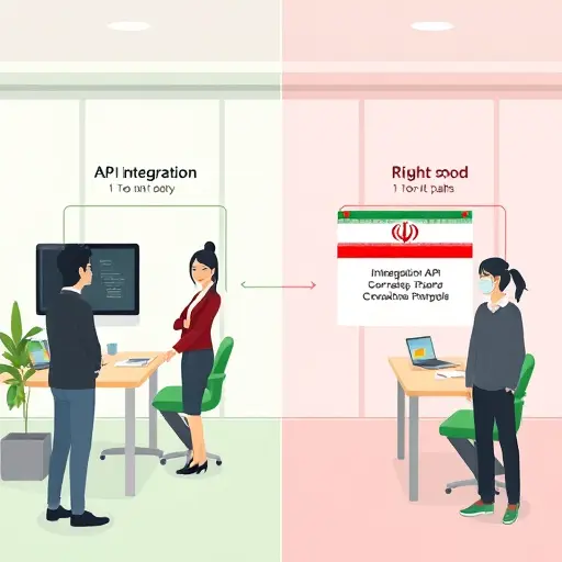 API integration flowchart, two paths:(green), right side foreign API behind VPN wall (red, locked)