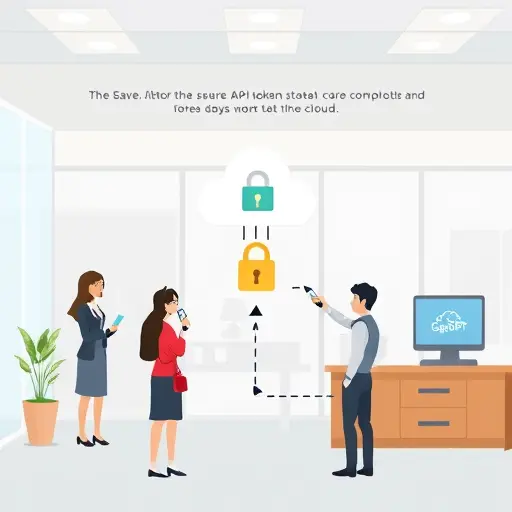 cartoon style infographic of secure API token storage workflow: user request flows to secure backend (server icon with lock), backend communicates with AI cloud (GapGPT logo)