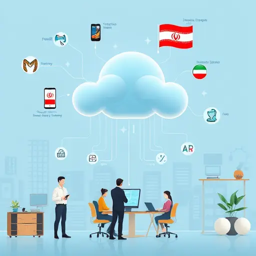 animated infographic showing Iranian mobile and web apps (shopping, edtech, healthcare, social, business) connected via secure API lines to a central smart AI cloud labeled
