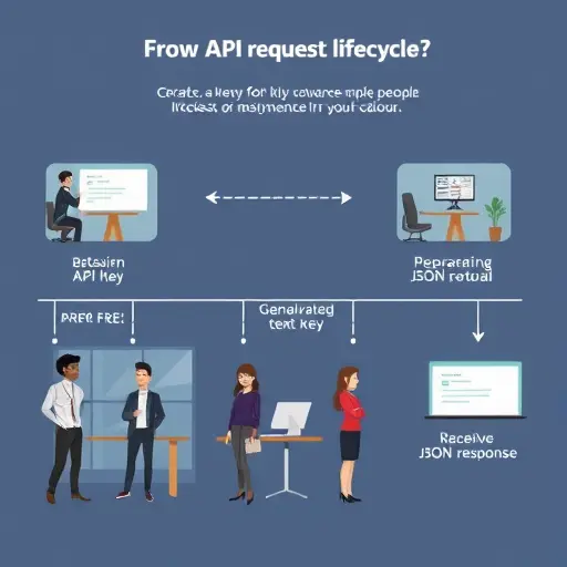 step-by-step cartoon illustration of API request lifecycle: obtaining API key, preparing JSON payload, sending to endpoint, receiving JSON response, clean style, no text