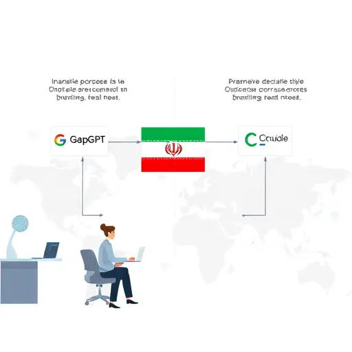 animated comparison infographic showing four API logos (GapGPT, OpenAI, Gemini, Claude), connected to an Iranian map and a world map, lines indicating access/no-