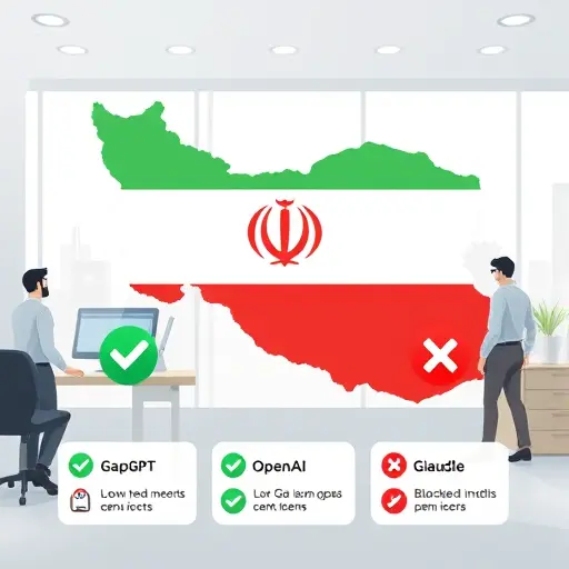 infographic map of Iran showing open and blocked API access, animated icons for each major AI API provider (GapGPT, OpenAI, Gemini, Claude), green check for GapGPT, red cross for others, text-free