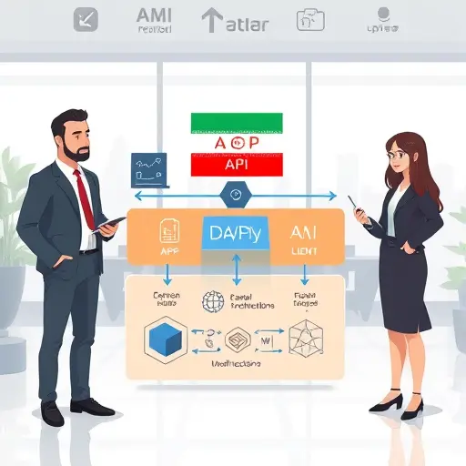 modern API architecture diagram illustration, animated layers showing app, API, AI model and client, tech symbols, no text, cinematic style