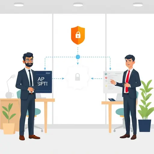 minimalistic architecture diagram of AI API authentication: client app connecting securely to backend, then sending authorized HTTPS requests to GapGPT AI API, with lock and shield icons, tech cartoon, text-free