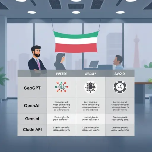 animated comparison table infographic showing GapGPT, OpenAI, Gemini, Claude API icons;;
