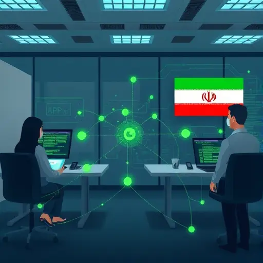 abstract visualization of fast API response time, green data flows connecting Iranian servers and clients, strong contrast with blocked/