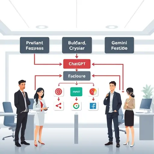 animated architecture diagram: app/backend with unified AI API endpoint, arrows showing selection logic and switching between ChatGPT, Gemini, Claude, with Iranian UI overlays, text-free