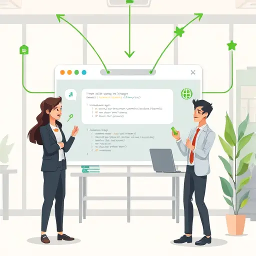 animated browser window with API code snippet and chatbot interface, connected to cloud server, animated arrows, green accents, no text