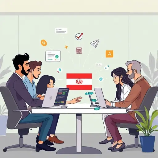 animated illustration of a diverse software team collaborating, code fragments flowing between multiple programming languages (Python, Java, JavaScript, Go) passing through a central Iranian API hub, clean tech aesthetic, no text