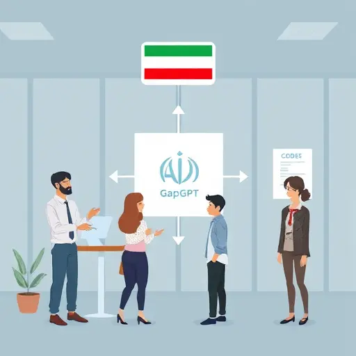 API workflow schematic: code snippet in Python passing through an API box (GapGPT logo) and emerging as Go, JavaScript, Java -
