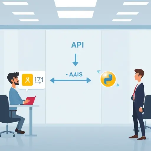 animated pipeline diagram showing AI API code conversion: input code block in Python, API request arrow, neural AI model (symbolic)