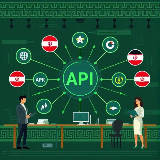 technology-inspired abstract illustration showing multiple programming languages interconnected through an API, Iranian pattern backgrounds, green and dark palette, no text