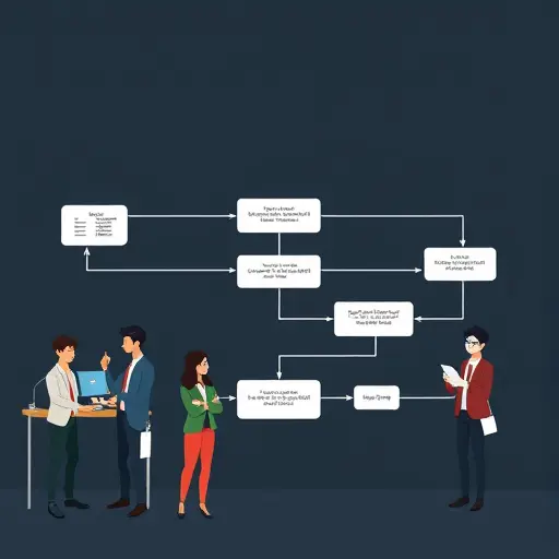 modern cartoon sequence diagram, AI code conversion API: client sends code, API response returns converted code, process visualization, dark background, text-free