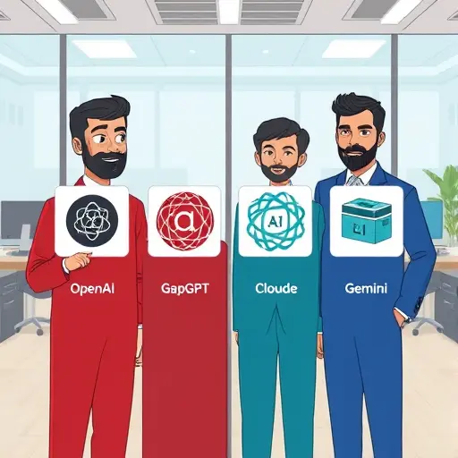 cartoon-style comparison chart of several AI API icons (OpenAI, GapGPT, Claude, Gemini)