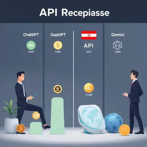 infographic: AI API cost comparison, large tokens and coins with API icons (ChatGPT, GapGPT, Claude, Gemini), side-by-