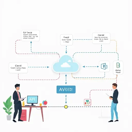 modern, colorful flowchart showing client code in several programming languages connecting to a centralized API endpoint, animated data passing to a cloud-based AI model, returning explanation. No text within image.