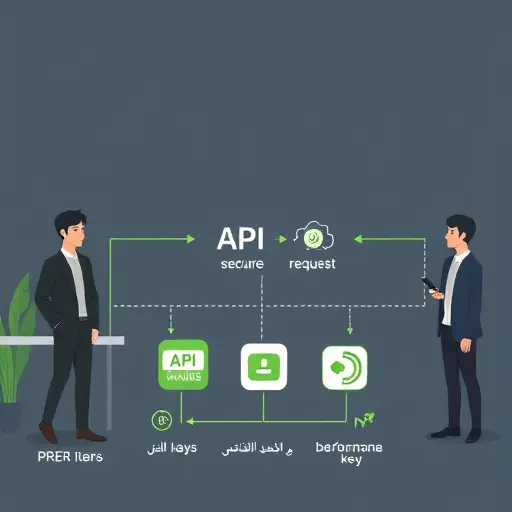 illustrated API request flow showing secure key storage, request headers, request rate management, cartoon icons for security and performance, green accent, text-free
