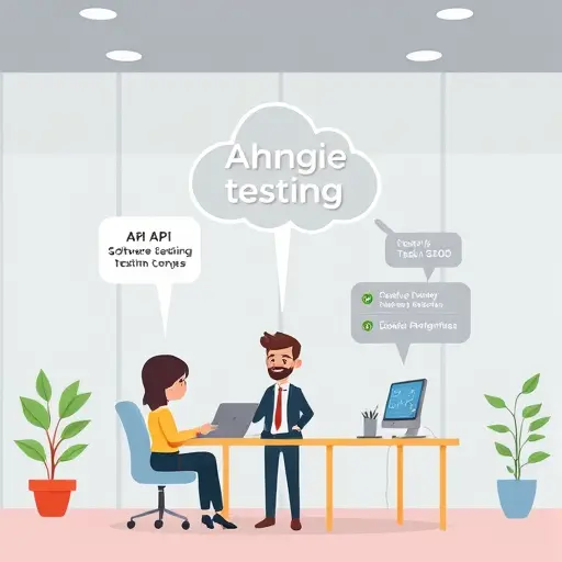cartoon-style infographic showing software testing phase, with AI API cloud icon providing code explanations and bug/