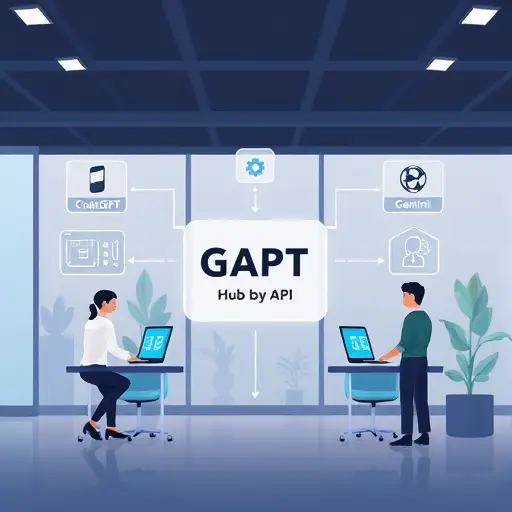 animated infographic showing GapGPT API as a hub connecting to three AI models: ChatGPT, Claude, Gemini;