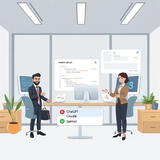 API integration illustration with cartoon code windows, drop-down list for AI model selection (ChatGPT, Claude, Gemini)