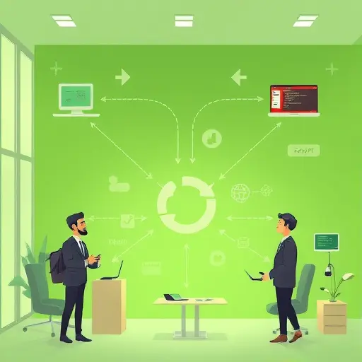 abstract diagram of software application dynamically routing API requests to ChatGPT, Claude, and Gemini through GapGPT middleware, with arrows, code snippets floating, green palette, text-free