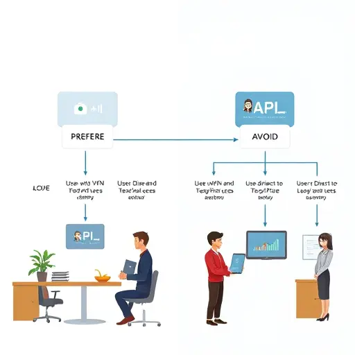 animated flowchart comparing two API access chains: user with VPN and errors facing foreign AI API, vs. user direct to GapGPT API with fast response, low latency, Iranian symbols, cartoon style, no text