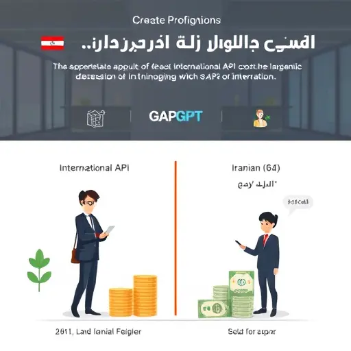 modern infographic comparing international AI API costs, with animated stacks of dollar coins for international APIs versus Iranian Rial bills for GapGPT, cartoon icons for support (chat bubble, agent)