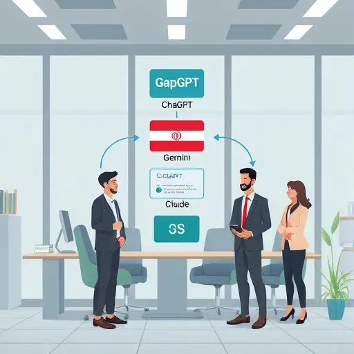 cartoon-style diagram showing an Iranian software stack: client app, GapGPT API gateway, arrows to AI models (ChatGPT, Gemini, Claude)