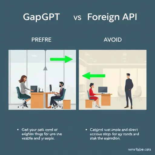 comparison infographic showing GapGPT API vs foreign AI APIs, animated split-screen style: GapGPT path is simple and direct (green arrows), foreign APIs path shows extra steps like sanction-