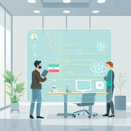 abstract code snippet illustration overlaying a React UI element with AI-generated suggestions, animated icons for chatbot, auto-complete, and sentiment analysis, green and blue accents, text-free, modern style