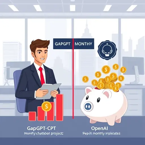 illustrated infographic comparing monthly API costs for two chatbot projects, one with GapGPT (Iranian Rial symbol), the other OpenAI (USD), showing charts or piggy banks overflowing with coins, text-free