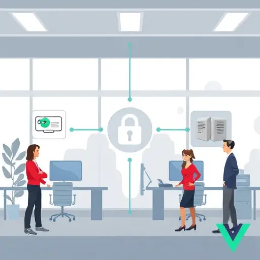 modern infographic diagram cartoon-style, showing ChatGPT global cloud and GapGPT Iranian local servers, connection lines, lock icon for sanctions free, Vue.js logo, clean interface, no text