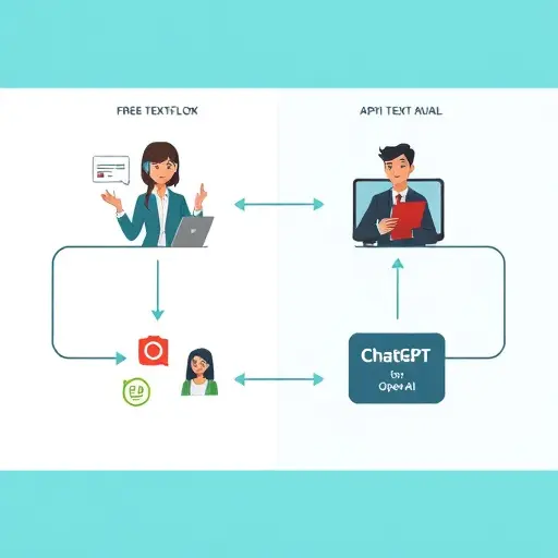 visual workflow diagram comparing two API integration flows: one shows a Vue.js client passing through a VPN/firewall to ChatGPT/OpenAI'