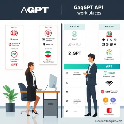 infographic style comparison table illustration, on one side GapGPT API symbols, on the other generic foreign AI APIs, icons for no-