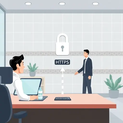 cartoon style illustration showing a Vue.js frontend securely connecting over HTTPS to an AI API server, with padlock icon, fast-moving data, Iranian tiles in the background, text-free